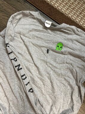 Ripndip Gray Long Sleeve Pocket Tee with Green Alien Peek Graphic